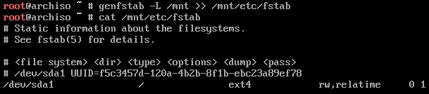 Generated fstab showing sda1 mounted to root